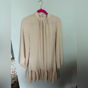 Asos knee length long sleeve polka dot mock neck light pink dress